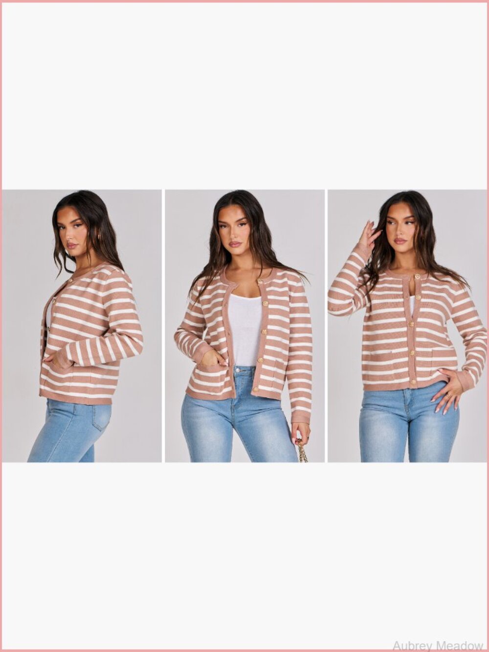 Women's Cropped Cardigan Sweater Button Down Striped Solid - Picture 7 of 7